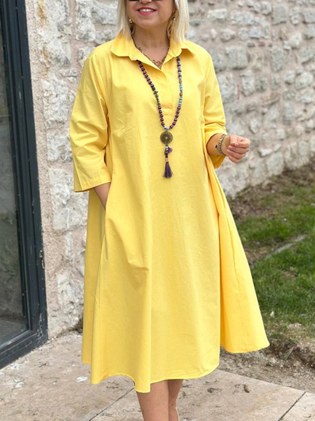 Casual Plain Shirt Collar Maxi Dress
