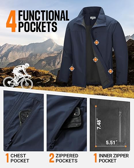Giacca leggera da uomo Outdoor Ventures, softshell impermeabile con colletto alla coreana foderato in velluto, giacca a vento per escursionismo, corsa, ciclismo e golf