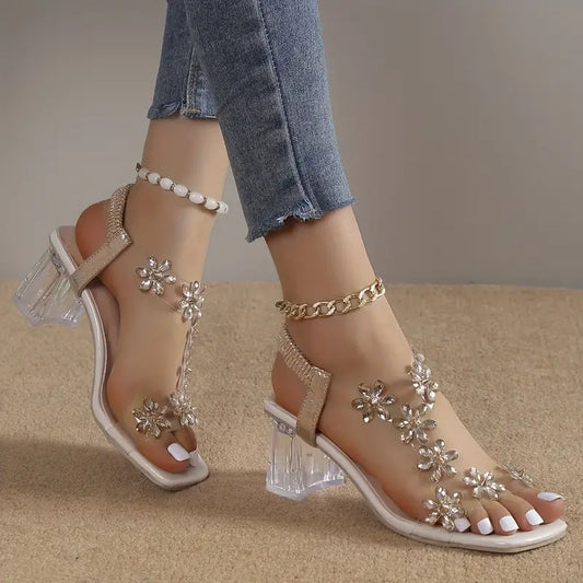 🔥Ultimo Giorno Promozione Sconto del 50% - Sandali con Tacco Largo da Donna con Strass Floreali