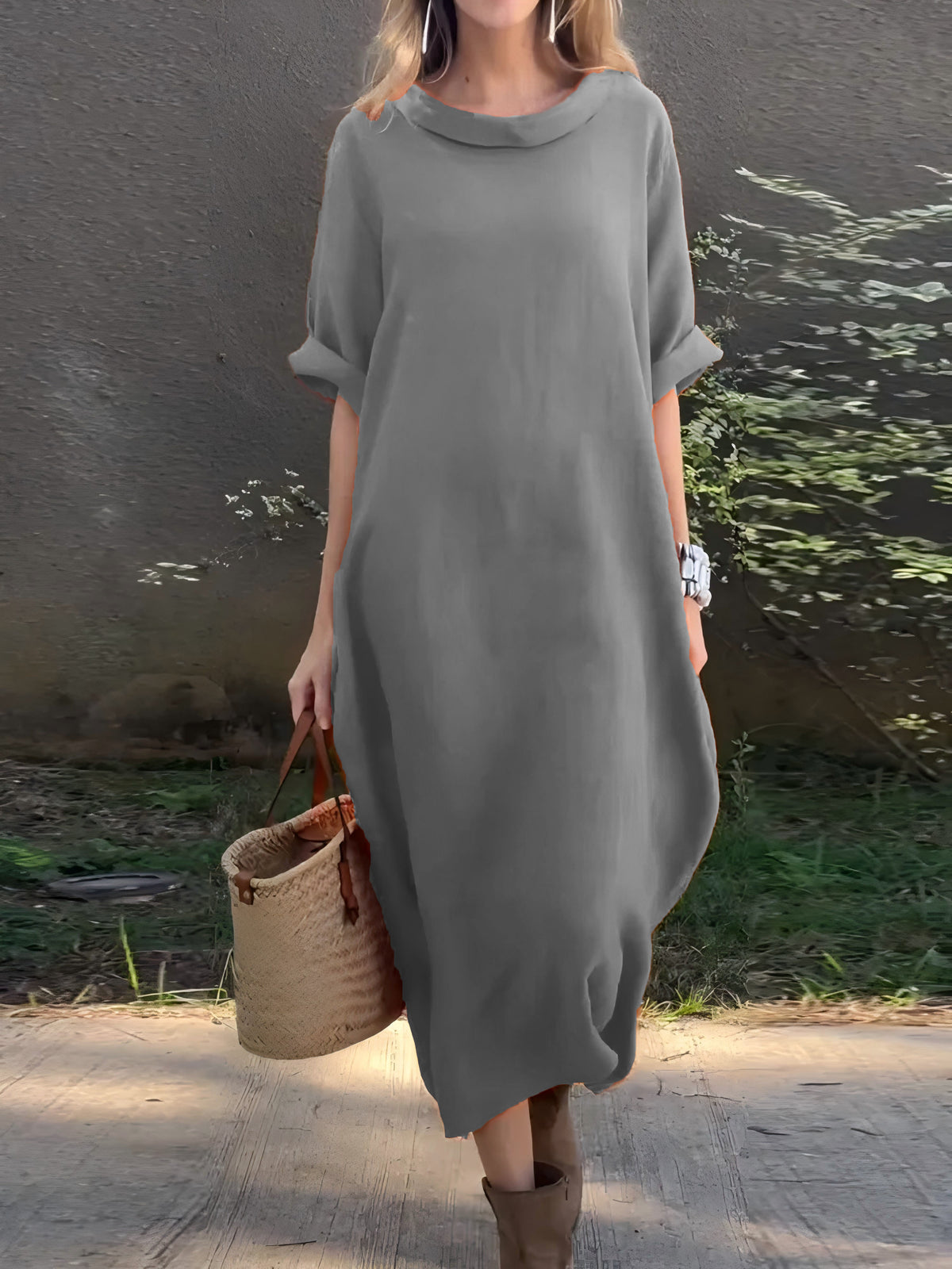 Women's Casual Solid Color Cotton and Linen Dress