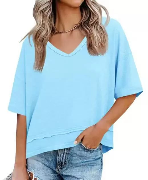 Damen-Oberteil mit V-Ausschnitt, mittellangen Ärmeln und abgesetztem Saum