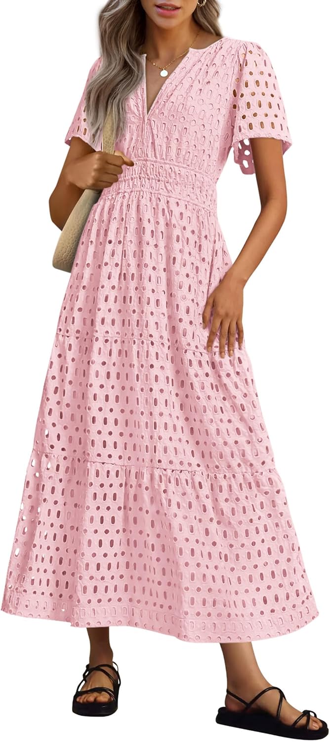 NEW 🔥Womens 2025 Summer Maxi Dress Short Sleeve V Neck Hollow Out Eyelet A Line Dresses