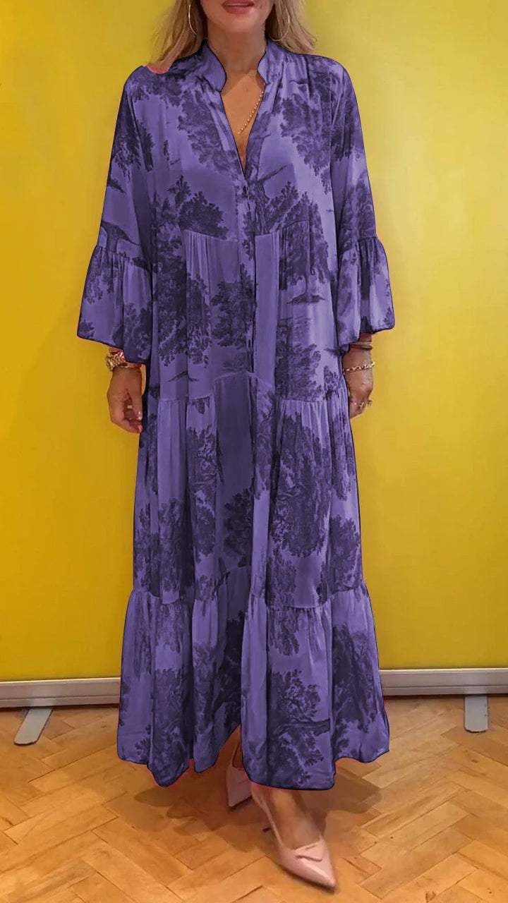Women's summer dress with V-neck and forest pattern Maxi dress