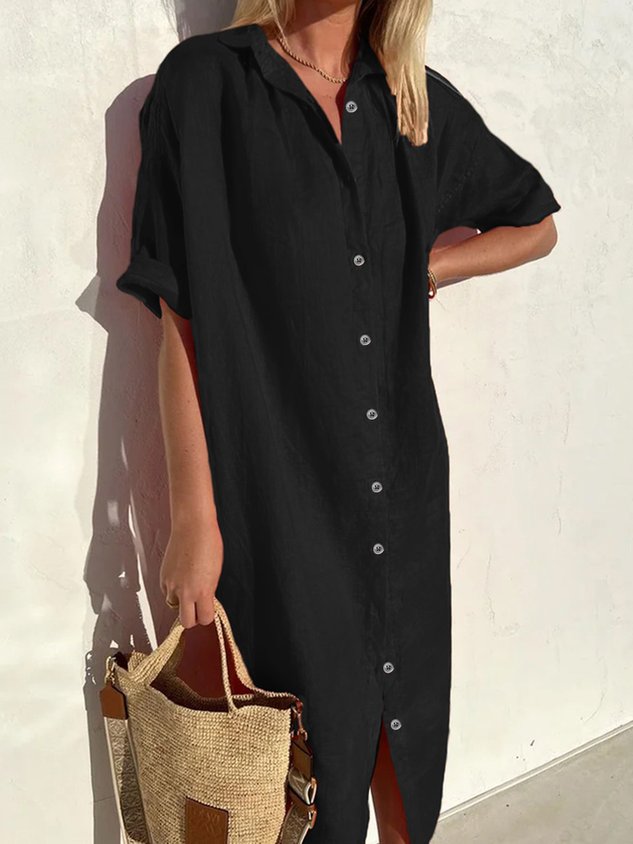 Women Elegant Casual Loose Half Sleeve Button Down Front Half Sleeve Cotton Linen Dress