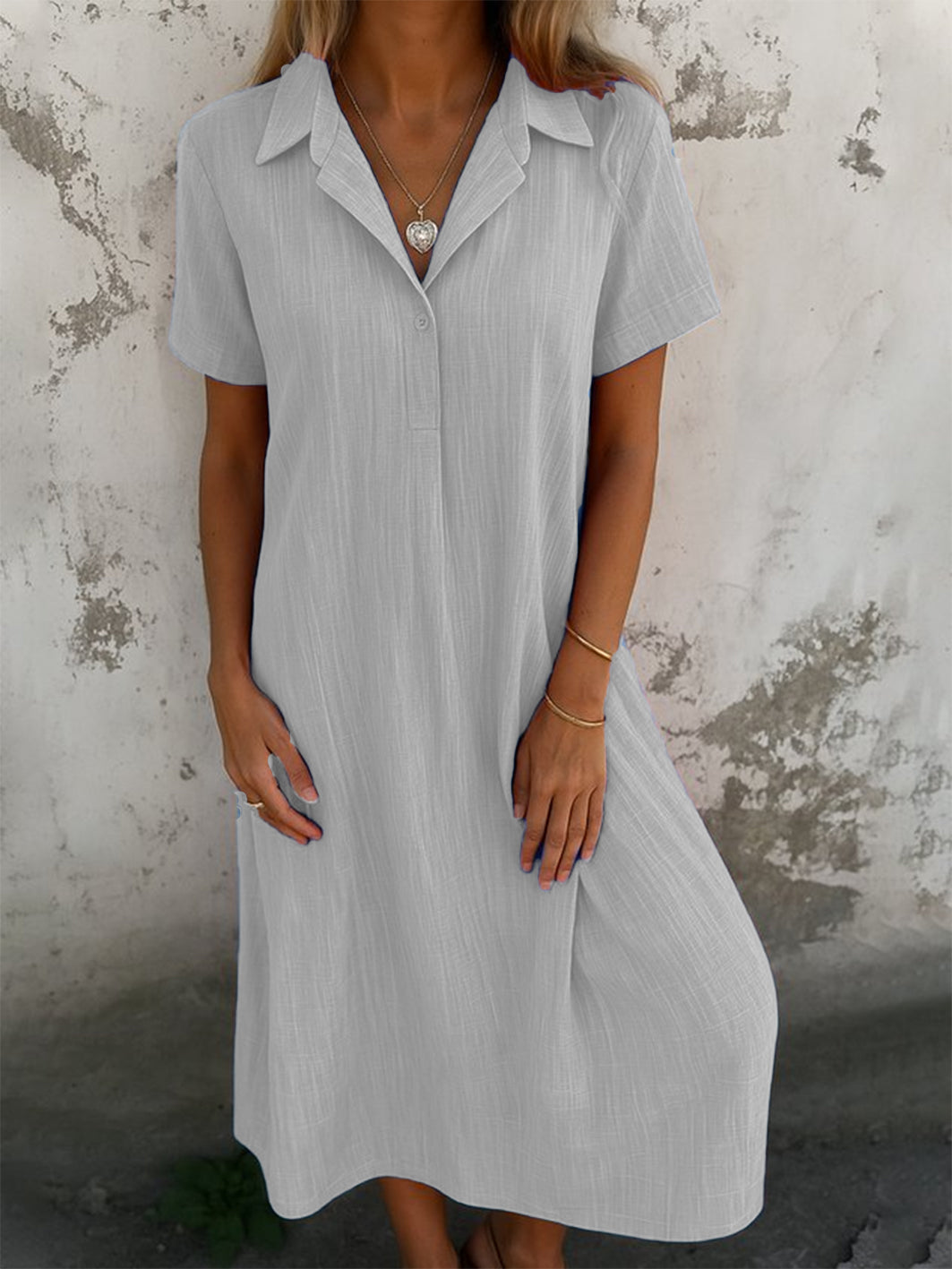 Women Plain Short Sleeve Summer Dress Shirt Collar Daily Casual Maxi A-Line Dress(Buy 2 Free Shipping)