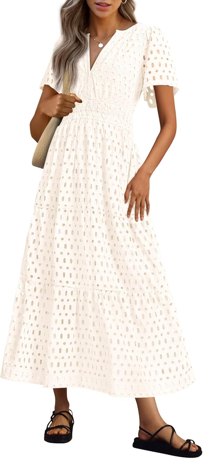 NEW 🔥Womens 2025 Summer Maxi Dress Short Sleeve V Neck Hollow Out Eyelet A Line Dresses