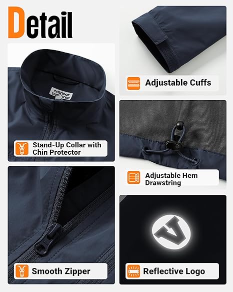 Giacca leggera da uomo Outdoor Ventures, softshell impermeabile con colletto alla coreana foderato in velluto, giacca a vento per escursionismo, corsa, ciclismo e golf