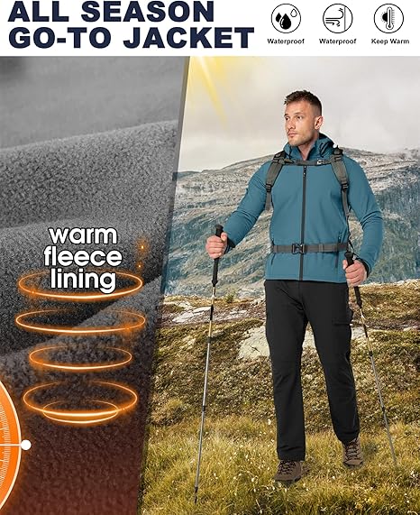 33,000ft Herren wasserdichte warme Softshelljacke, leichtes Fleece-Futter, Kapuzen-Regenjacke, Windjacke zum Wandern und Outdoor-Aktivitäten