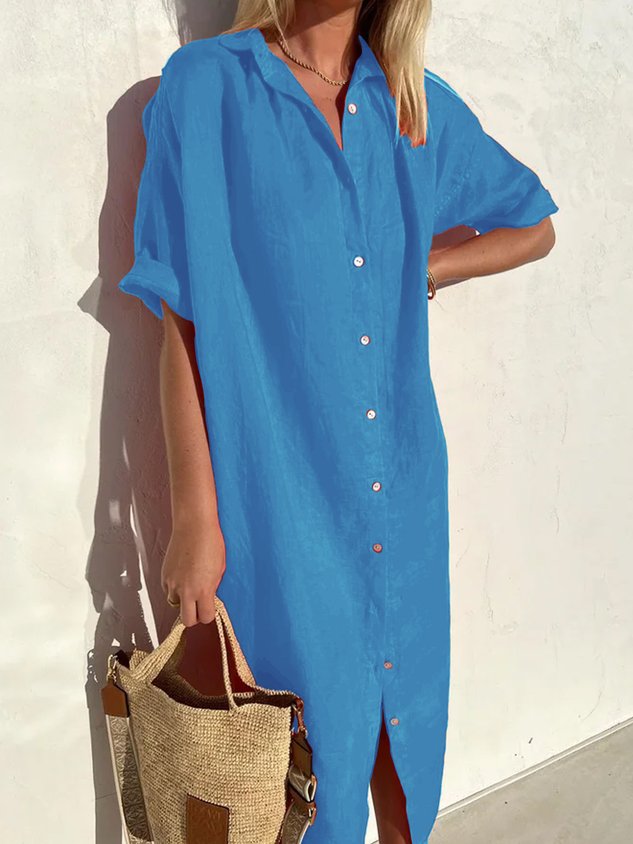 Women Elegant Casual Loose Half Sleeve Button Down Front Half Sleeve Cotton Linen Dress