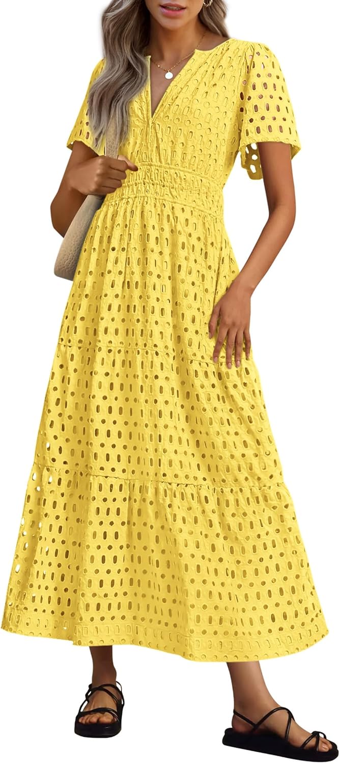 NEW 🔥Womens 2025 Summer Maxi Dress Short Sleeve V Neck Hollow Out Eyelet A Line Dresses