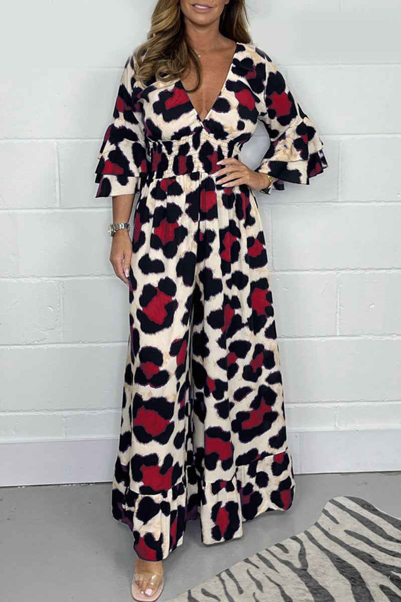 Hot Sale🔥 Women's Leopard Print Elastic Waist Casual Wide Leg Jumpsuit