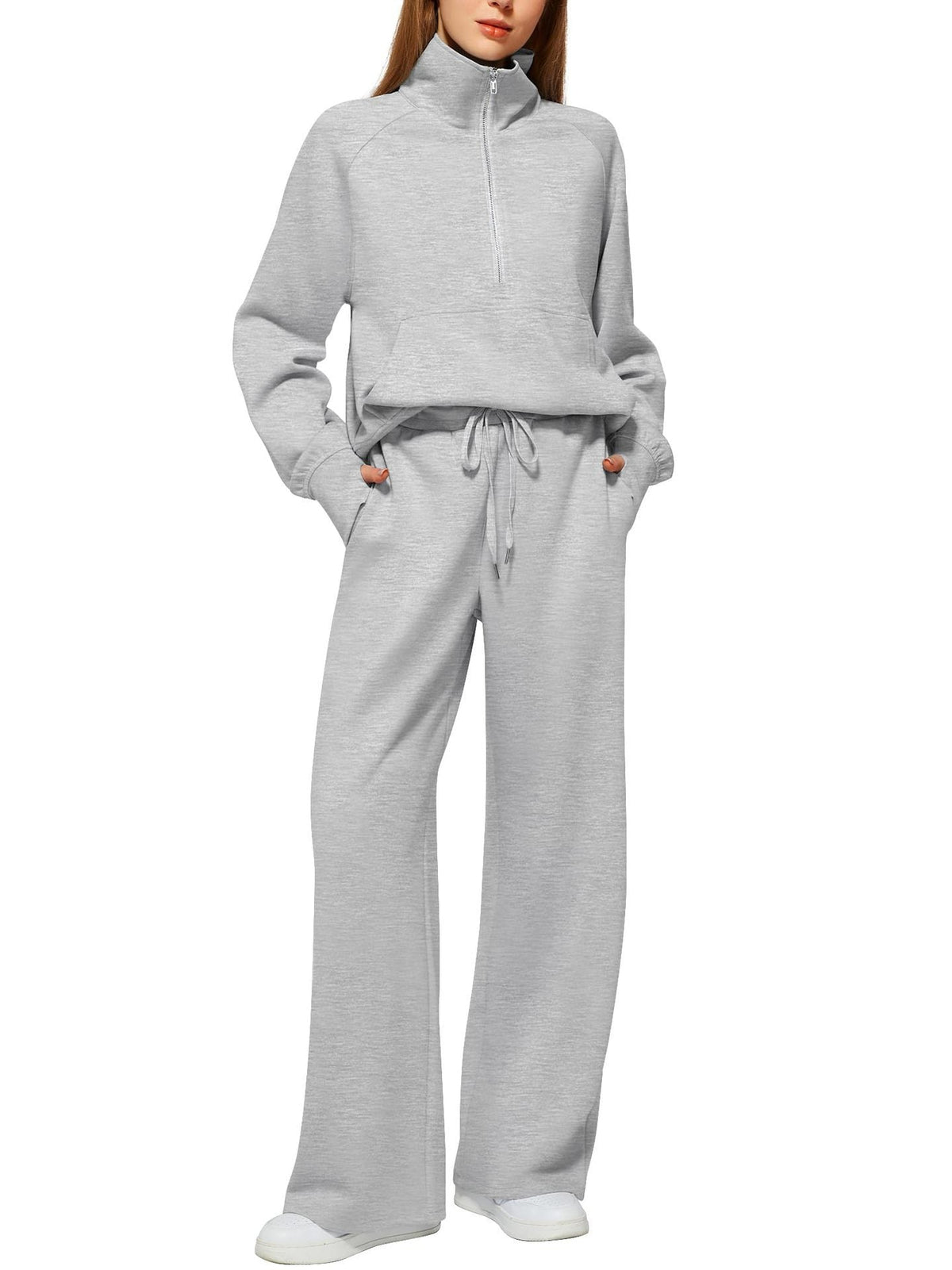 RÄUMUNGSVERKAUF🔥 Zweiteiliges Damen-Set aus Baumwolle mit halbem Reißverschluss in Unifarben