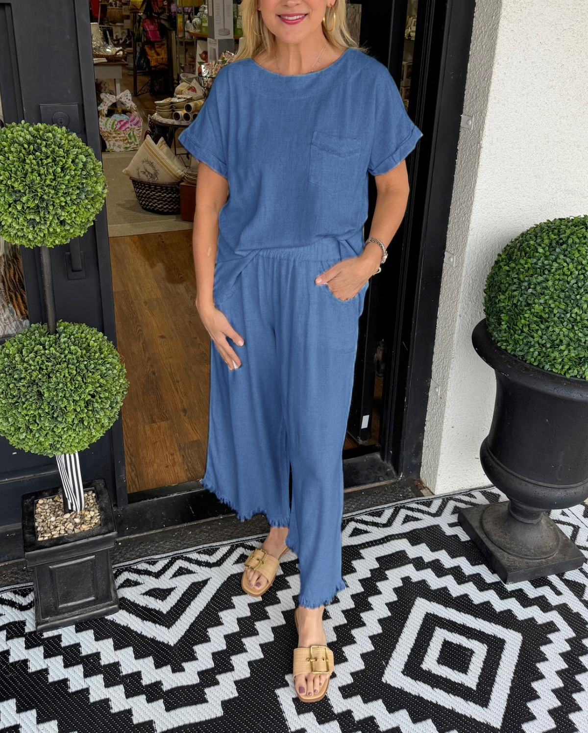 Lässiges Lounge-Set für Damen aus Baumwollleinen, unifarben (2 kaufen, kostenloser Versand)